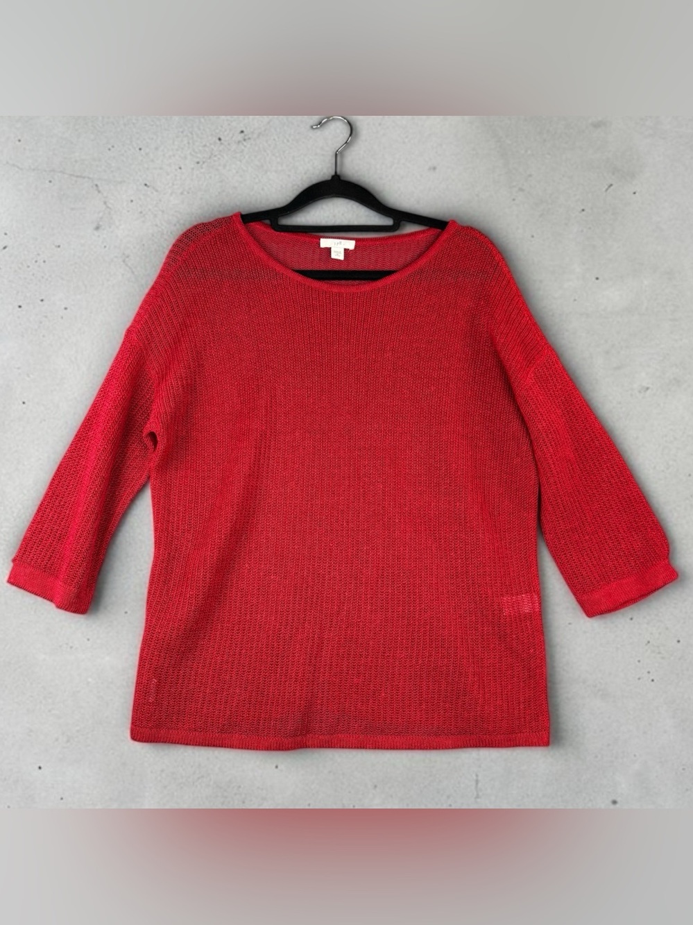 J. Jill Red Open-Knit Linen Blend Crewneck Sweater